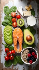 Healthy food assortment - salmon, avocado, spinach, tomatoes, kiwi, berries, and dairy.