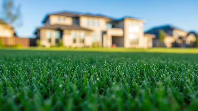 Close-up of lush green grass with a blurred luxury home in the background.