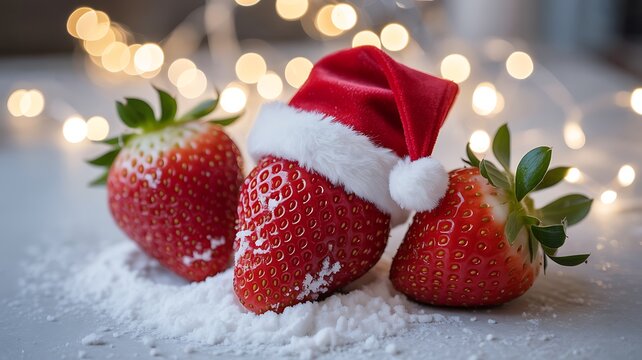 Christmas strawberries with santa hat festive holiday dessert food photography and bright lights
