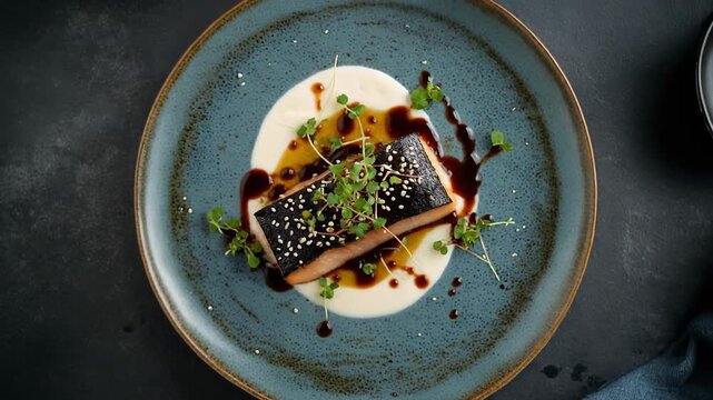 Delicious food on a plate. Gourmet dish with sauce. Fresh herbs and spices. Elegant presentation. Fine dining meal. Blue plate on dark table. Culinary art. Savory dish. Tasty cuisine. Gourmet meal.