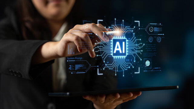 A futuristic AI core processor and system analytics dashboard. This concept highlights the raw processing power of AI for deep data analysis, system diagnostics, and global network monitoring. Fermion