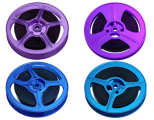 Four film reels purple, violet, cobalt, cyan, black tape