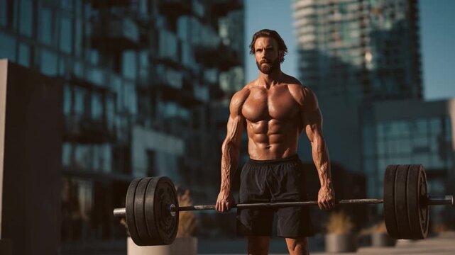 Strength and Determination: A powerfully built athlete, showcasing ripped physique, prepares to lift a heavy barbell, his focus and dedication evident. The image highlights raw strength.