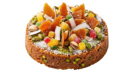Halva dessert with pistachios and candied fruits isolated on transparent background
