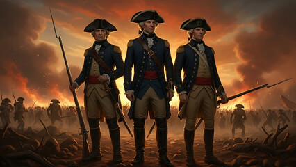 Three revolutionary war soldiers stand united against a fiery battlefield backdrop