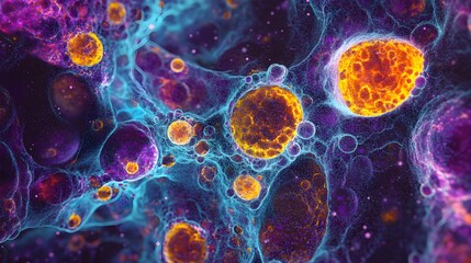 Microscopic world reveals vibrant cells in purple orange and blue hues showcasing intricate biological structures and cellular activity under magnification