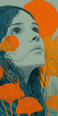 Dreamy Woman Portrait with Ginkgo Leaves and Orange Sun, Artistic Illustration of Feminine Beauty, Nature Connection, and Serene Expression in Teal