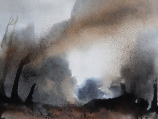 Abstract Watercolor Painting of a Forest Landscape in Shades of Gray, Brown, and Black, with a Moody and Atmospheric Feel, Depicting Trees and a Sense