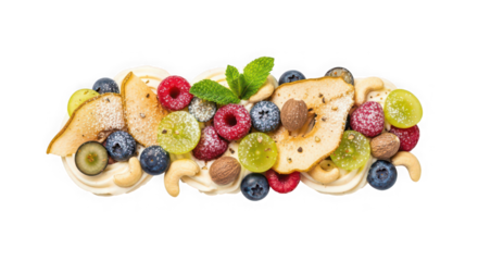 Dessert topping with fresh fruits and nuts isolated on transparent background