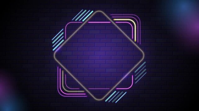 Abstract neon lights border frame on brick wall loop animation. Neon border frame on dark brick wall. Suitable for nightlife venues, event promotions, digital art projects, or social media graphics.