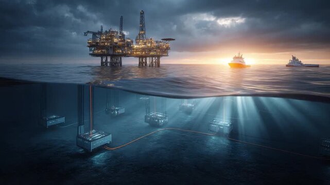 Offshore Platform: A detailed view of an offshore platform, showcasing the intricate architecture of an oil rig, with the ocean surface revealing submerged pipelines and structures.
