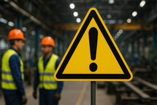 Industrial safety warning sign with workers wearing orange helmets and reflective vests in factory environment, emphasizing hazard awareness and workplace safety precautions