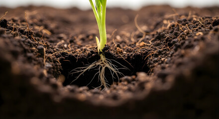 Fototapeta premium Young Plant Root System Anchoring in Fresh Soil – Early Growth and Regenerative Agriculture Macro
