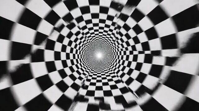 Abstract black and white checkerboard tunnel with light at the end creating a dizzying optical illusion effect
