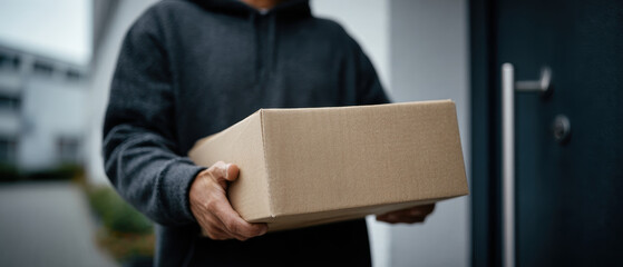 Delivery courier parcel cardboard package with care at door, urban doorway moment