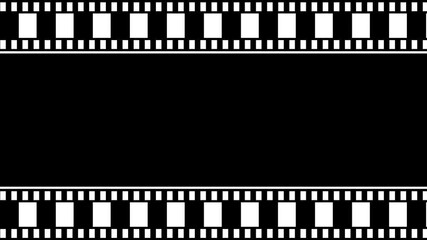 Abstract film strip frame for video or photo content animation. White color moving film strip animation with classic camera roll on cinematic on black background. 4k