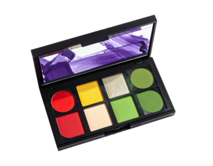 Brightly colored makeup palette with red, yellow, green hues