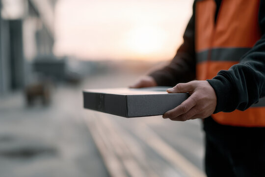 Delivery courier package handover sunset urban street safety vest logistics service Calm
