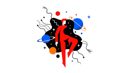 Dynamic Flat Design illustration of a human figure soaring through a vibrant abstract cosmic space