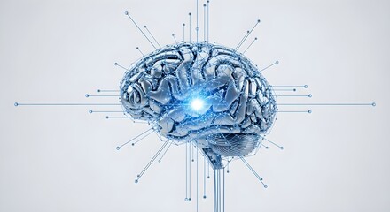 Futuristic metallic brain with glowing center, symbolizing AI, thought, and data processing