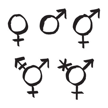 Set of hand drawn female, male, bigender and transgender gender identity sign Symbol used to represent sex and gender Single element for print, web, design, decor