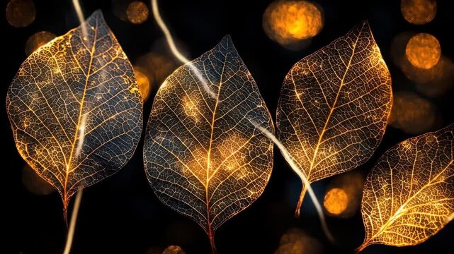 Golden leaf skeletons with glowing veins against dark background and bokeh