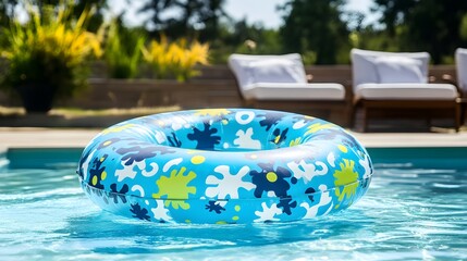 Blue inflatable swimming ring with abstract pattern floats in pool