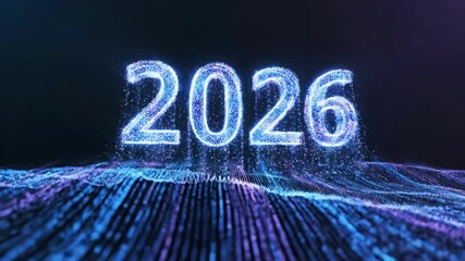 Abstract New Year 2026 animation with glowing digital numbers emerging from a futuristic particle landscape, celebratory concept 4K footage - Powered by Adobe