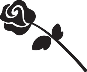 Stylized Silhouette of a Single Rose with Stem and Leaves.