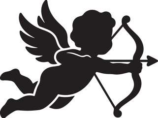 Silhouette of a flying cupid with bow and arrow ready to shoot.