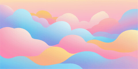 Obraz premium Abstract, colorful sunset landscape vector illustration with pink sky, sun, and stylized mountain clouds