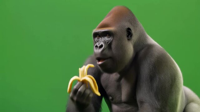 A western lowland gorilla sitting and eating bananas against a green green screen background.