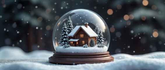 A miniature Christmas tree decorated with red ornaments and ribbon sits inside a glass snow globe topped with a red bow, surrounded by soft snow and a tiny wrapped gift.