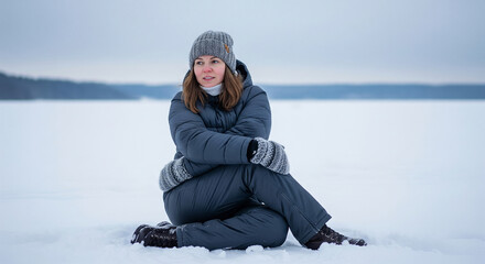 Young caucasian woman in a warm winter jacket and hat sitting peacefully on a frozen lake, enjoying a moment of solitude and contemplation in nature