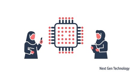 Two women in hijabs interacting with a microchip representing next-generation technology and innovation