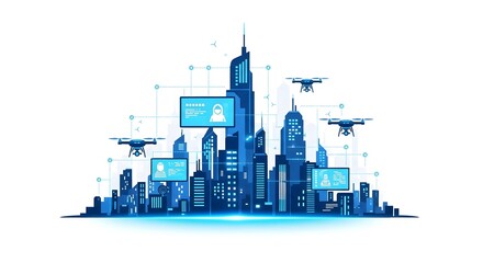 Smart City Network Drones, Buildings, and Digital Displays Connected in a Futuristic Skyline