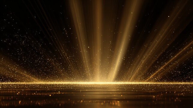 Luxurious golden particle burst with glowing horizontal light and dark reflective floor, cinematic awards-style abstract background.