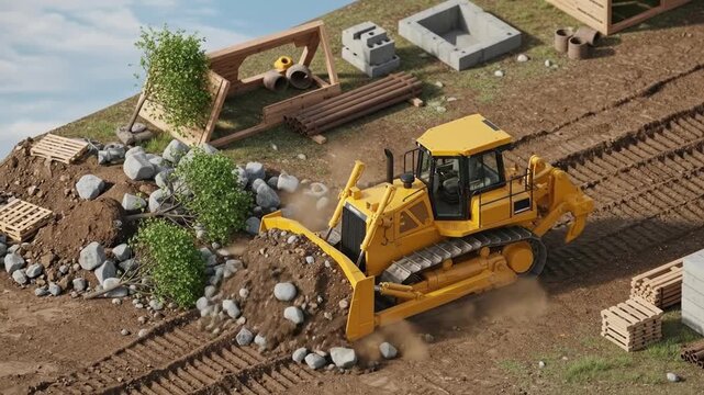 Bulldozer on construction site digging earth and moving stones