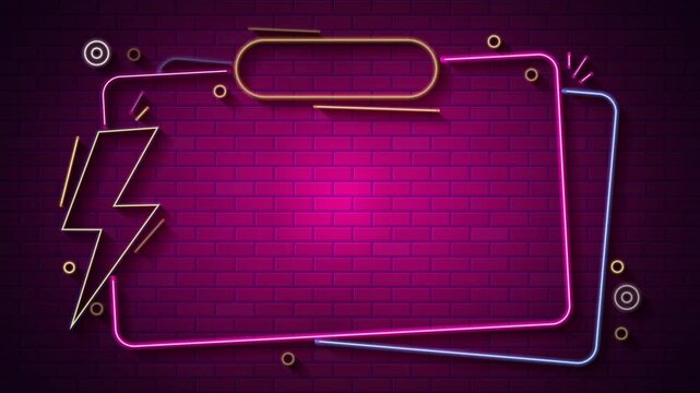 Abstract neon lights border frame on brick wall loop animation. Neon border frame with lightning bolt on pink brick wall ideal for creative design projects, posters, social media graphics, and website