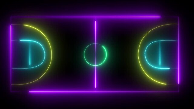 Neon basketball court diagram glowing white lines on black grid background digital animation abstract sports strategy planning game analysis technology 