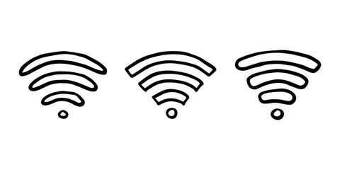 Set of hand drawn free wifi spot zone sign Public wi-fi area sign Wireless internet clipart in doodle style Single element for print, web, design, decor 3G, 4G, 5G, 6G, IoT