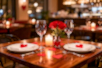 Blur image of Romantic, dinner table and setup for valentines day, fine dining or date at indoor night restaurant