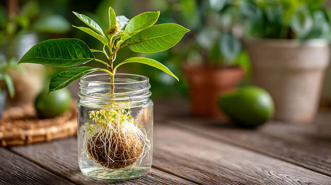 avocado seed sprouting roots and leaves in glass jar filled with water on wooden table home gardening project promoting sustainable plant growth
