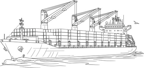 Cargo ship container vessel illustration, port logistics, global trade shipping crane loading ocean freight industrial silhouette isolated white background vector