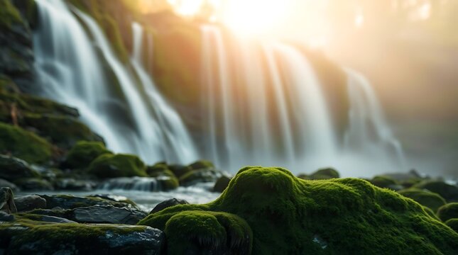 Waterfall flows gently over mossy rocks, creating a serene landscape with blurred motion.
