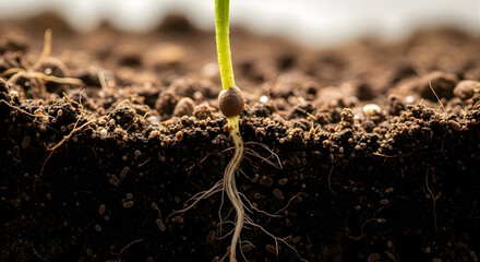 Young Seedling with Deep Vertical Root Anchored in Soil – Regenerative Agriculture and Soil Biology Macro