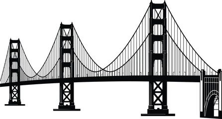 Golden Gate Bridge silhouette vector illustration, San Francisco landmark, suspension cables, tower architecture, urban symbol, travel icon, skyline cutout, modern clipart design