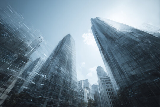 Futuristic skyscrapers with transparent digital overlays and dynamic motion blur symbolizing smart city technology innovation data connectivity modern urban development and advanced high tech 