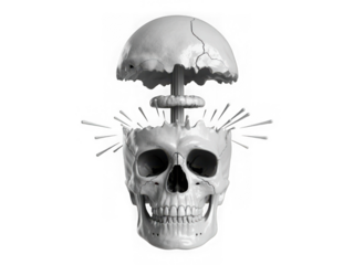 Macabre mushroom cloud explodes from human skull symbolizing nuclear war and destruction