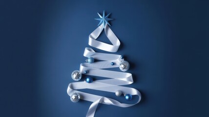 Minimalist ribbon christmas tree with blue star and silver decor